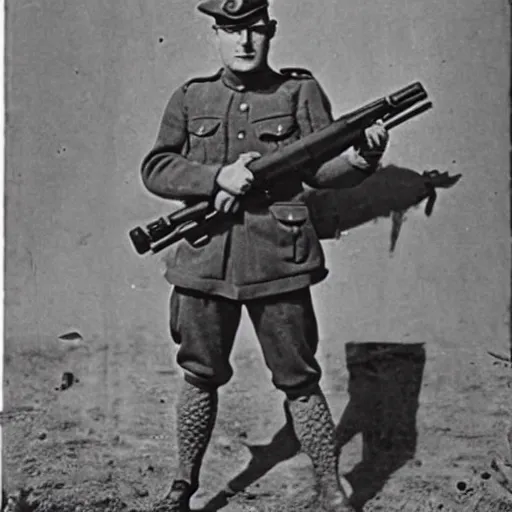 Prompt: old wartime photograph of spongebob squarepants holding a lewis gun, 1 9 1 7