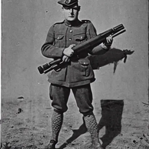 Image similar to old wartime photograph of spongebob squarepants holding a lewis gun, 1 9 1 7