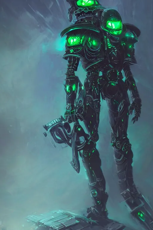 Image similar to Close up of a singular necron warrior, green glowing eyes reflecting on the shinny armor. At night, underexposed, desolated wasteland, matte painting by craig mullins and Emmanuel_Shiu, cinematic, warhammer 40k, dark sci-fi,concept art trending on artstation, 4k, insane details