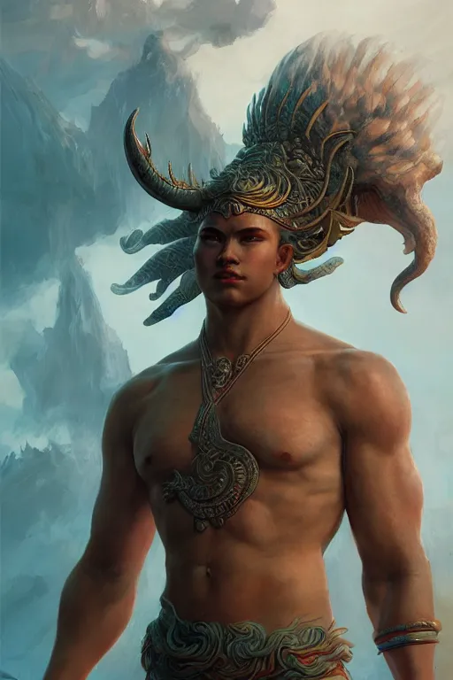 Image similar to young male sea god of the vietnamese, highly detailed, digital painting, artstation, concept art, smooth, sharp focus, illustration, unreal engine 5, 8 k, art by artgerm and greg rutkowski and edgar maxence