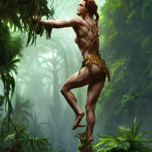 Prompt: Tarzan in the jungle, D&D, fantasy, intricate, elegant, highly detailed, digital painting, artstation, concept art, matte, sharp focus, illustration, hearthstone, art by Artgerm and Greg Rutkowski and Alphonse Mucha