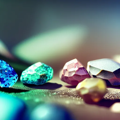 Prompt: macro photo of precious stones with fungal cultures and mold with little pastel coloured filaments, octane render, tilt shift, polarized light, ultrasharp focus, unreal engine 5, bokeh background, hyperrealism, vray