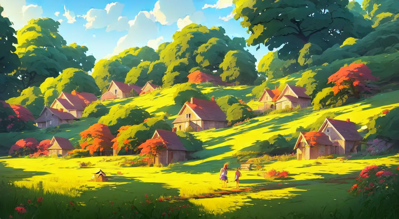 Image similar to Summer rural landscape with houses and blooming glade in the foreground, vector art, in marble incrusted of legends heartstone official fanart behance hd by Jesper Ejsing, by RHADS, Makoto Shinkai and Lois van baarle, ilya kuvshinov, rossdraws global illumination