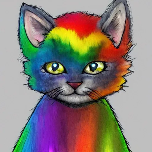 Image similar to wide angle full body, of a fluffy cute rainbow kitten wearing a black motorcycle jacket, concept art