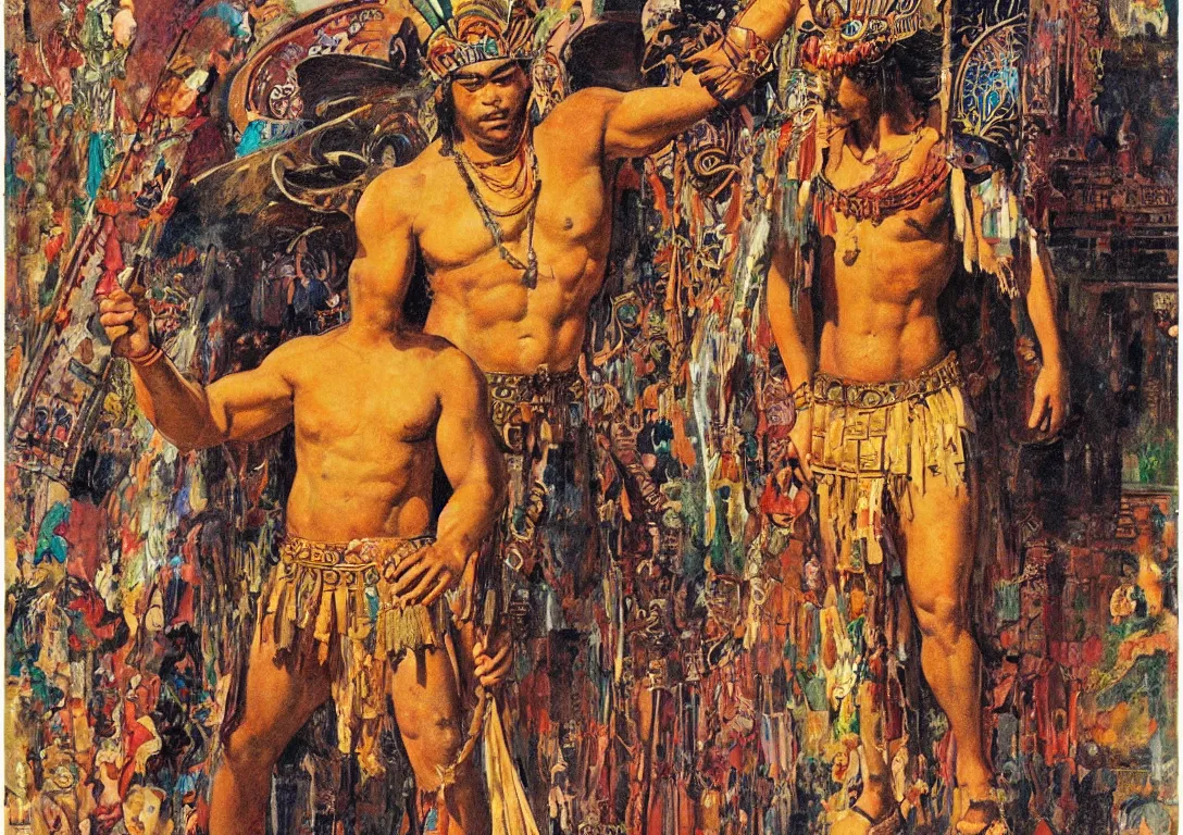 Prompt: a polynesian greek god searching through the streets of an abandoned city, sparse detail, complementary color scheme, by george luks, mati klarwein and moebius