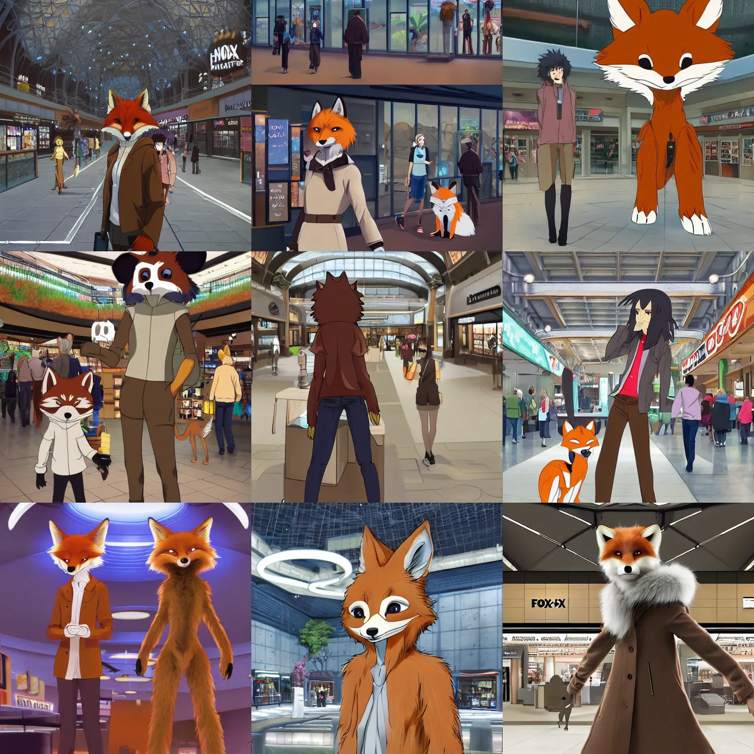 Image similar to an anthropomorphic humanoid natural furry ( ( fox ) ) person shopping at a futuristic mall, photorealistic!!!!, anime!!!!, makoto shinkai, james gurney, don!!!! bluth!!!!, disney, hibbary, dark natasha, goldenwolf, furaffinity, fursona, commission