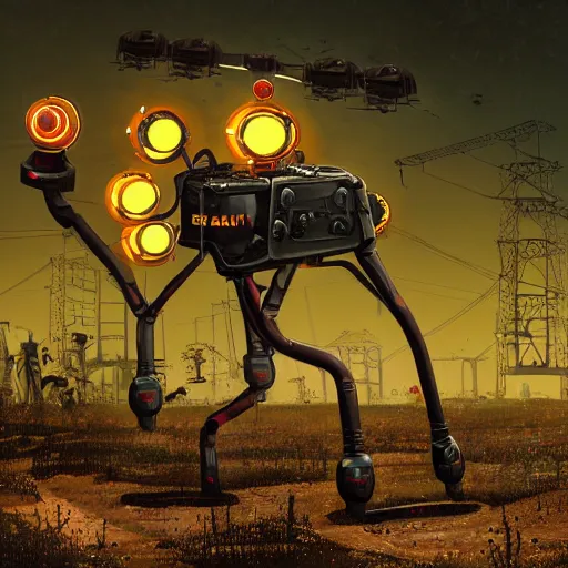 Prompt: giant scary quadrupedal mining drone with drill, four legs, highly detailed body, retro, industrial, dark, dystopian, apocalyptic, clean, in the style of simon stalenhag, 8 5 mm f / 1. 4