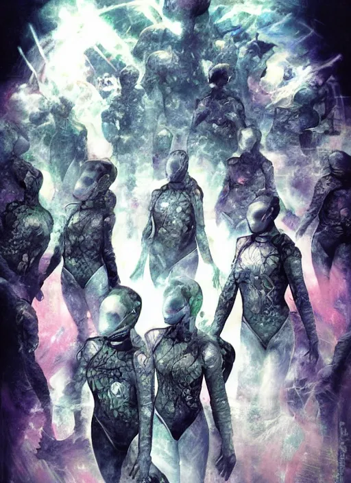 Image similar to astronauts girls in dark void underwater - complex and hyperdetailed technical suit design. reflection and dispersion materials. rays and dispersion of light. volumetric light. f / 3 2. noise film photo. flash photography. ultra realistic, 5 0 mm. poster by wayne barlowe, hajime sorayama aaron horkey, craig mullins