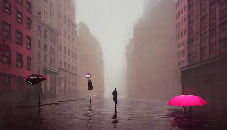 Prompt: gediminas pranckevicius street of new york photography, night, rain, mist, a umbrella pink, cinestill 8 0 0 t,