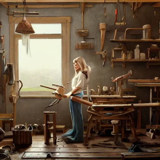 Image similar to highly detailed oil painting | very intricate | cinematic lighting | award - winning | sabrina carpenter as a simple carpenter fine craftsman | building a wooden table in their well organized clean workshop | beautiful cinematic light, american romanticism, by huang guangjian, gil elvgren, ruan jia, randy vargas, greg rutkowski, artstation, cgsociety, official art, octane