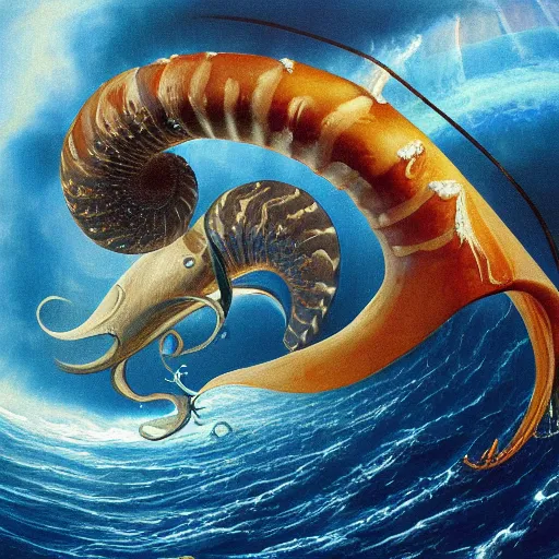 Image similar to full painting of the Nautilus fighting a giant squid in the middle of the ocean during a storm made by Jeff Easley and Peter Elson + realistic animal, + galaxy + gothic, surreal, dread + highly detailed, intricate complexity, epic composition, magical atmosphere + masterpiece, award winning + trending on artstation,