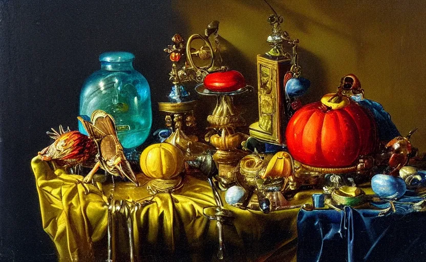 Prompt: beautiful colorful oil painting dutch golden age vanitas still life with gorgeous futuristic objects shiny transparent surfaces shiny metal devices insect nanotech rachel ruysch dali todd schorr very detailed perfect composition rule of thirds masterpiece chiaroscuro canon 5 0 mm, cinematic lighting, photography, retro, film, kodachrome