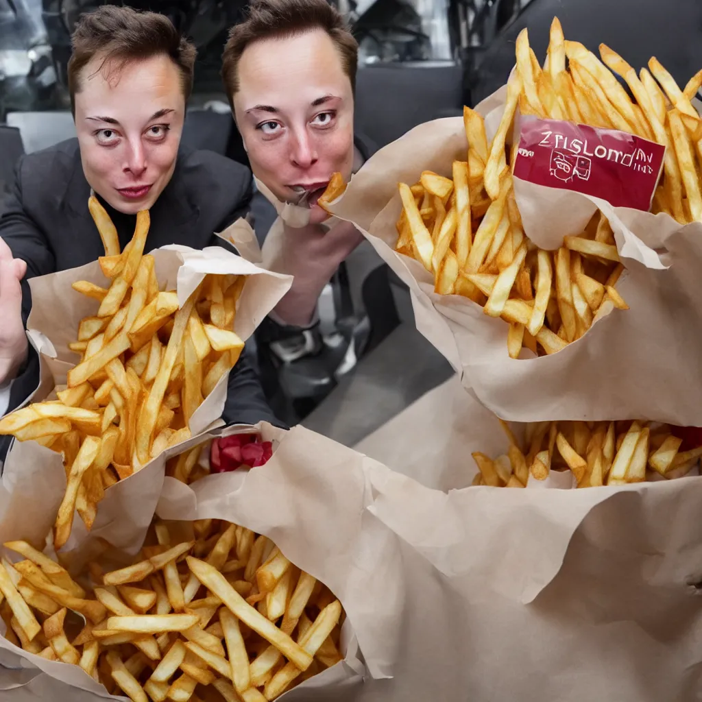Prompt: elon musk inside a bag of french fries