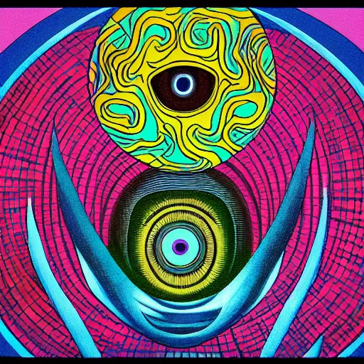 Image similar to an illustration of a giant eye surrounded by many strange things, a comic book panel by leo and diane dillon, behance, psychedelic art, salvia, tesseract, lovecraftian, cosmic horror