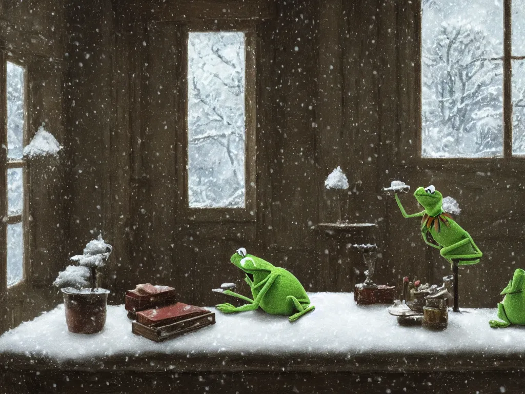 Image similar to Kermit the frog sits as it snows in the interior of a bourgeoise room, Still life with snow.