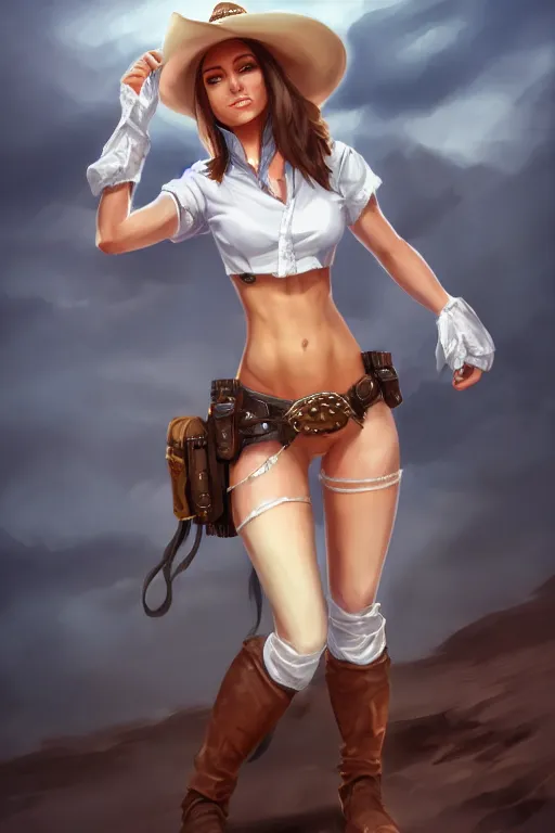 Image similar to full body, female cowgirl, perfect face, white blouse, holster, 8 k, magic the gathering, desert, d & d, artstation, high detail, smooth, muscular