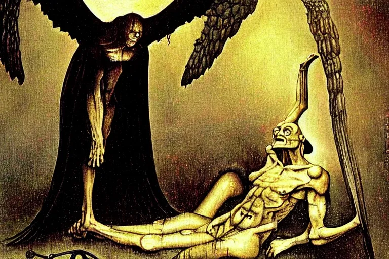 Image similar to fallen angel begs to enter the gates of hell by les edwards and hieronymus bosch