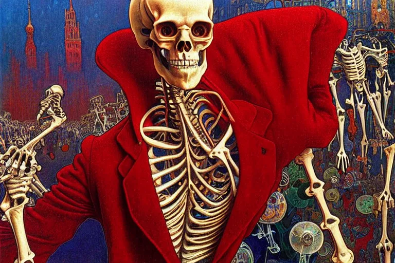 Image similar to realistic detailed closeup portrait painting of a single skeleton wearing red velvet blazer in a crowded futuristic moscow street by Jean Delville, Amano, Yves Tanguy, Alphonse Mucha, Ernst Haeckel, Edward Robert Hughes, Roger Dean, rich moody colours, blue eyes