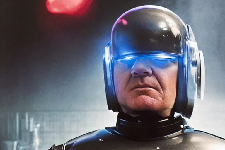 Image similar to a cinematic painting of gordon ramsay as robocop, cinematic lighting, high depth, ultra realistic, artistic, by annie leibovitz and greg rutowski