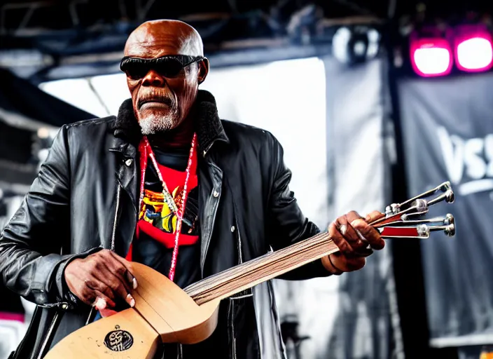 Prompt: photo still of samuel l jackson on stage at vans warped tour!!!!!!!! at age 3 3 years old 3 3 years of age!!!!!!!! playing a tamborine, 8 k, 8 5 mm f 1. 8, studio lighting, rim light, right side key light