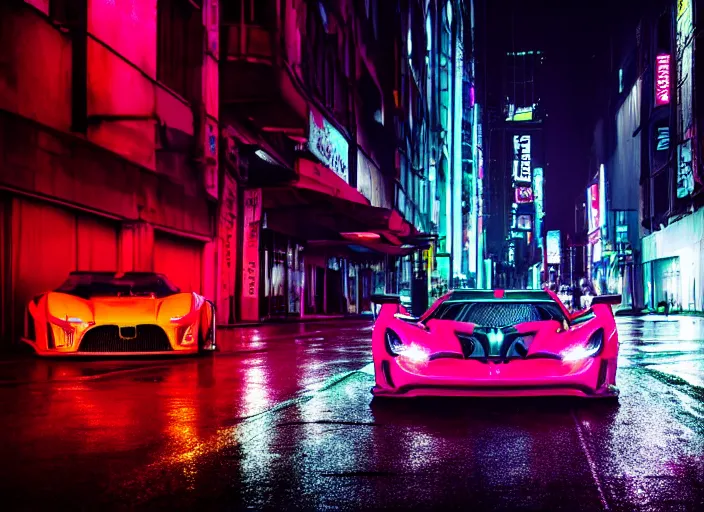 Prompt: a neon hypercar in the dark and rainy city street by Liam Wong