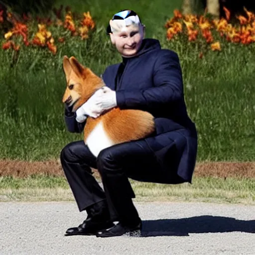 Prompt: vladimir putin riding on a corgi dog