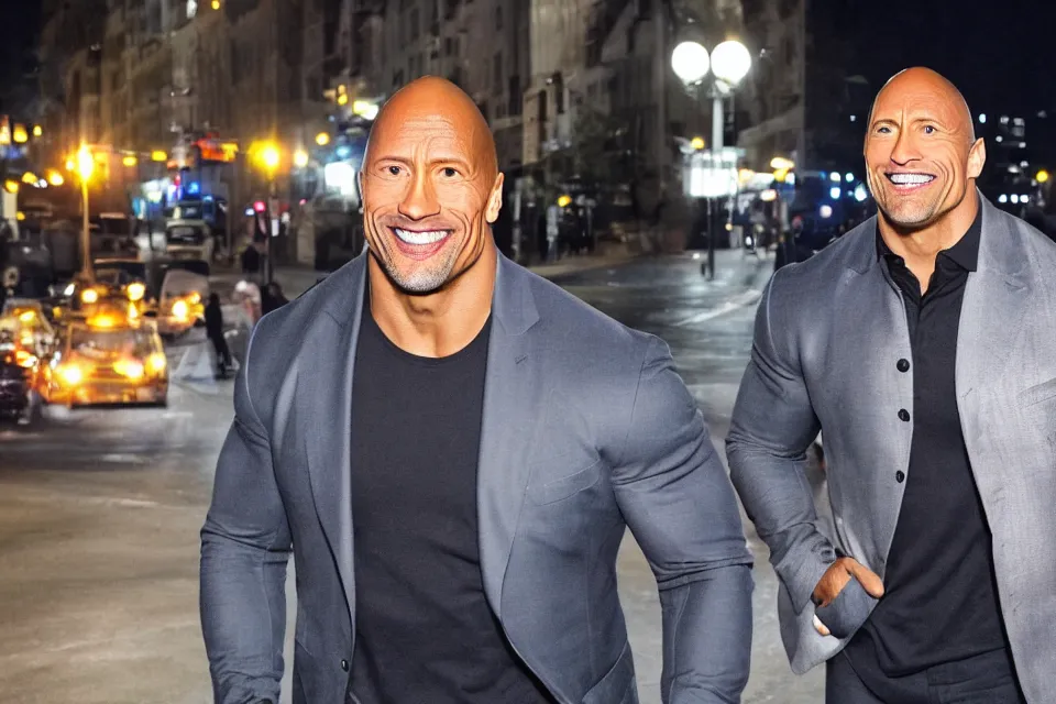 Image similar to Dwayne Johnson on the street in the night, bright lighting, high quality, ultra detailed , full body