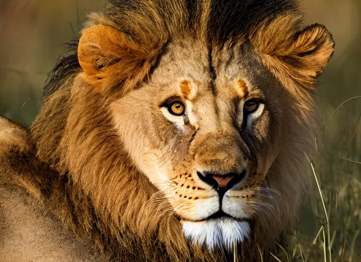 Image similar to a closeup, 4 5 mm, detailed photograph of real lion head dwarf in savana, beautiful low light, savana background, 4 5 mm, by franz lanting