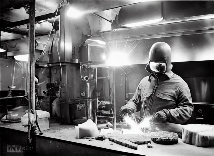 Prompt: welder in welding mask in a cheese shop, by richard avedon, tri - x pan stock