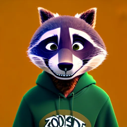 Image similar to a relaxed stoner with a black hoodie on with a marijuana themed dark green raccoon head from zootopia, wearing beanie, smoking, 3 d, blender 3 d, render, extremely detailed, 8 k, detailed fur