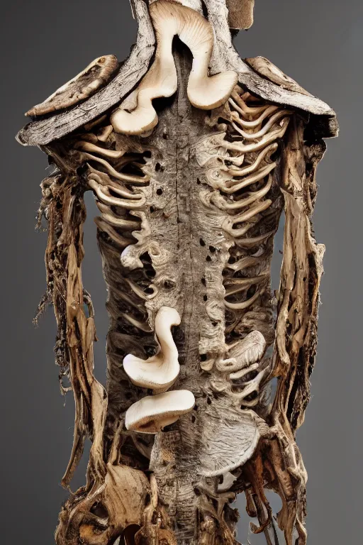 Prompt: A beautiful jacket carved out of dead wood with lichen and mushrooms, on a skeleton. High quality, high resolution, studio lighting