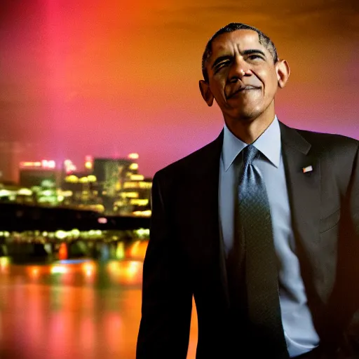 Image similar to a still of Barak Obama. Shallow depth of field. City at night in background, lights, colors ,studio lighting, mood, 4K. Profession photography