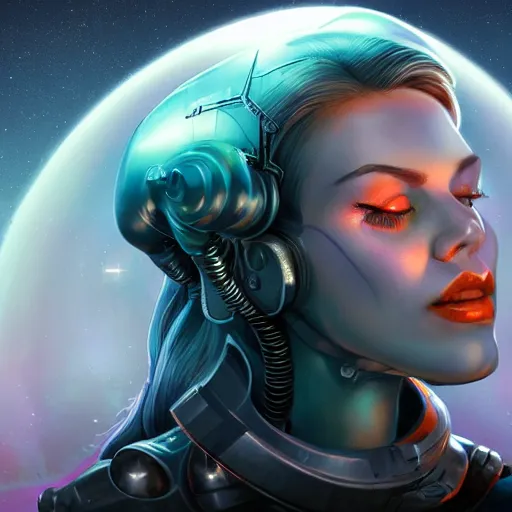 Image similar to celestial female machine, facial portrait, retro-futuristic, legendary epic shot, 90s make-up, galaxy space hunter, cyber implants, wires, low angle, dawn, by artgerm, julie bell, beeple and Greg Rutkowski, airbrush, science fantasy, 90s, concept art, realistic matte painting, Smooth gradients, octane render, 8k, High contrast, duo tone, depth of field, volumetric lightning, very coherent, symmetrical, skin pore detail