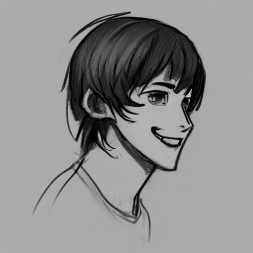 Image similar to sketch of a teenage boy with very short side part hair smiling trending on artstation