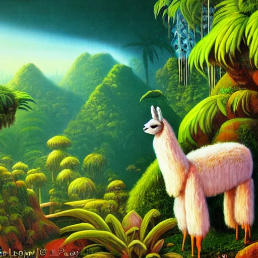 Image similar to llama with dreadlocks, smooth light, jungle in background, by Paul Lehr, detailed, macro