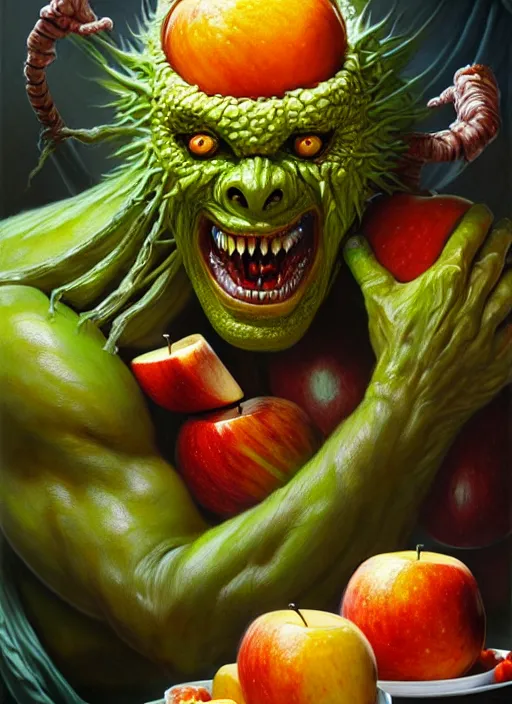 Image similar to an monster man in a white robe, green skin, covered in fruit, apples, oranges, bananas, intricate, highly detailed, concept art, hyperrealistic, oil painting by greg staples and tristan eaton, 8 k