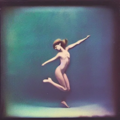 Prompt: polaroid of a surreal artsy dream scene, girl, dancing, double exposure
