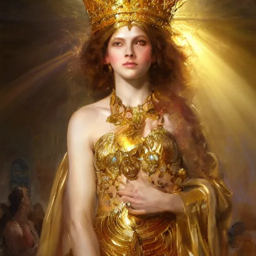 Image similar to a beautiful portrait of a sun goddess with a golden crown, sunlight beams, god rays, volumetric lighting, by daniel gerhartz, detailed, 8 k