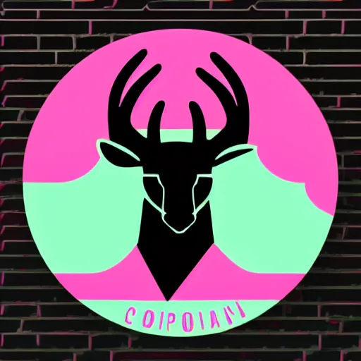 Image similar to logo for corporation that involves deer head, symmetrical, retro pink synthwave style, retro sci fi, neon