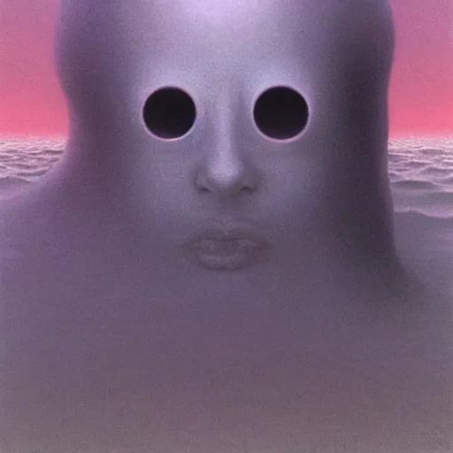 Prompt: black woman's head rising out of thick fog, halfway submerged, her head has 8 eyes, big pink sky, zdzislaw beksinski, wayne barlowe