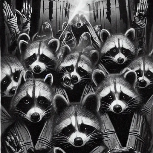 Image similar to 1 9 8 0's award winning sci - fi movie, a group of raccoons wearing dark cult robes look towards the camera in surprise and anger as they perform a dark occult evil ceremony inside the secret lair of an underground mystery cult, dramatic candlelight, pentagrams, ultra - detailed, photorealistic, 4 k