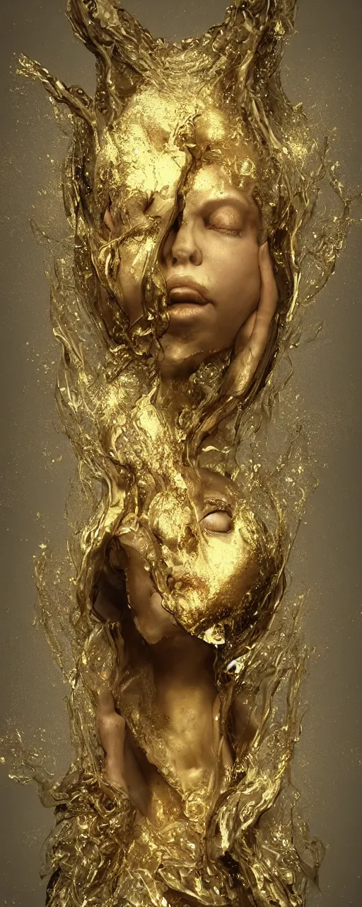 Image similar to Surreal portrait of a beautiful old goddess floating, Liquid gold simulation in background, ancient fairy dust, ultra super good realistic 3D render by Pete Morbacher and Emil Melmoth, insanely detailed, trending on artstation, sharp focus