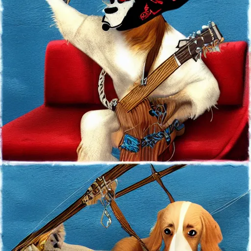 Prompt: dog as a pirate playing on guitar, digital art, artstation, high detalied,