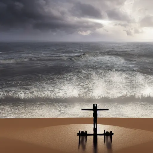 Prompt: a highly detailed matte painting of a large cross standing on the beach as a storm comes in with the tide, woman sitting in the sand watching the ocean, epic fantasy, god rays, rocky beach, ultrawide lense, aerial photography, unreal engine, exquisite detail, 8 k, art by albert bierstadt and greg rutkowski and jeong seon