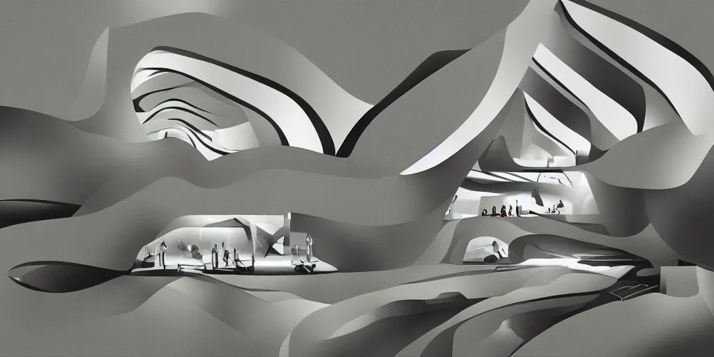 Image similar to Zaha Hadid works and le corbusier works and Mies van der rohe wrok in the same photo inspired by Where weird things happen by Daniele Gay on art station and inspired by Mining by Risa lin on art station