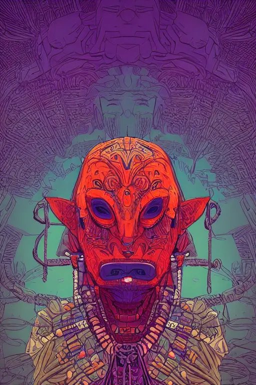 Image similar to totem animal tribal chaman vodoo mask feather gemstone plant video game illustration vivid color borderlands and by feng zhu and laurie greasley, victo ngai, andreas rocha, john harris radiating a glowing aura