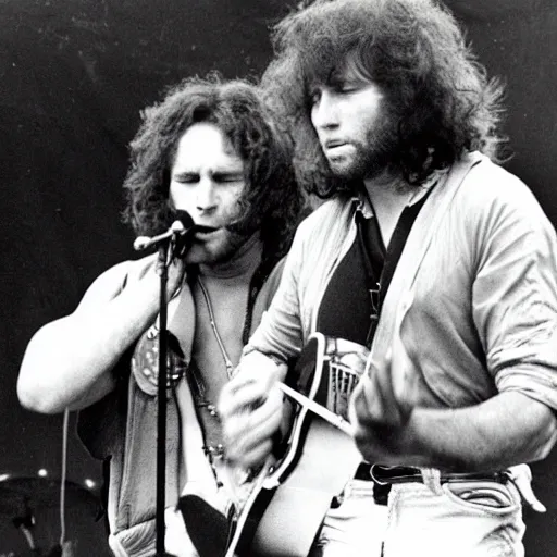 Image similar to Jim Morrison and Thundercat playing music together on stage at Woodstock