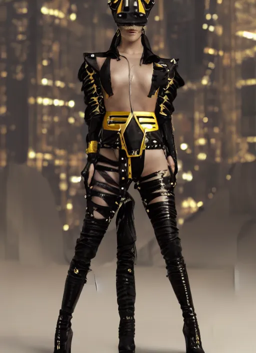 Prompt: haute couture, clothing setting for future female warrior, model standing pose, futurism, vest, leather coat, shorts, boots, electronic cat ears, cyberpunk style, black and gold, render by octane and blender, hyper realistic, hyper detailed