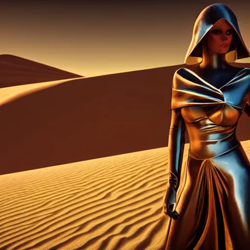 Image similar to evil dune movie inspired avant-garde art, deco fashion, highly detailed, photorealistic portrait, bright studio setting, studio lighting, crisp quality and light reflections, unreal engine 5 quality render