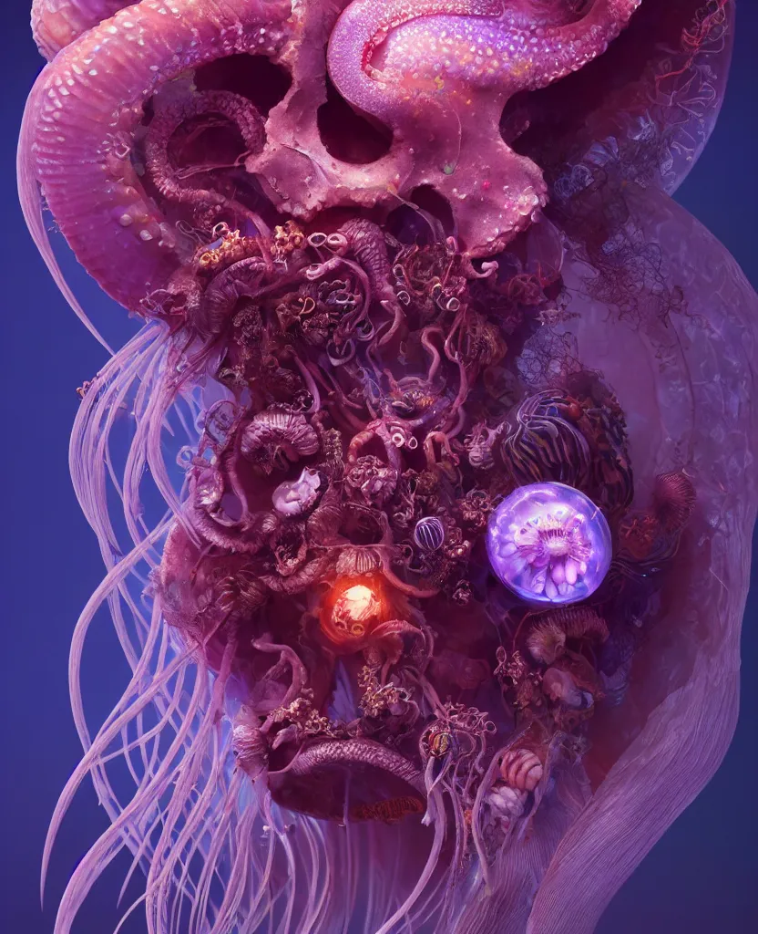 Image similar to goddess close-up portrait animal skull. jellyfish phoenix head, nautilus, orchid, skull, betta fish, bioluminiscent creatures, intricate artwork by Tooth Wu and wlop and beeple. octane render, trending on artstation, greg rutkowski very coherent symmetrical artwork. cinematic, hyper realism, high detail, octane render, 8k